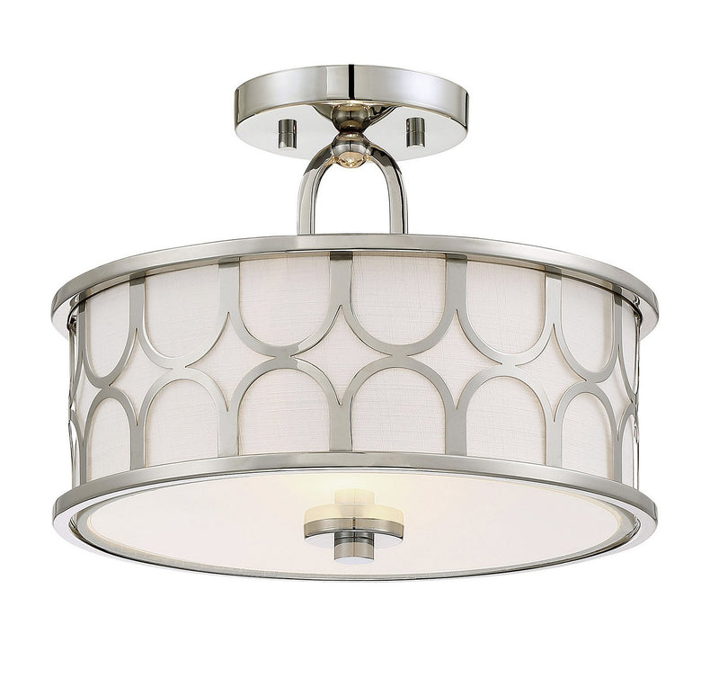 Mid-Century Metal and Fabric Drum 13" 2-Light Semi-Flush Mount in Polished Nickel