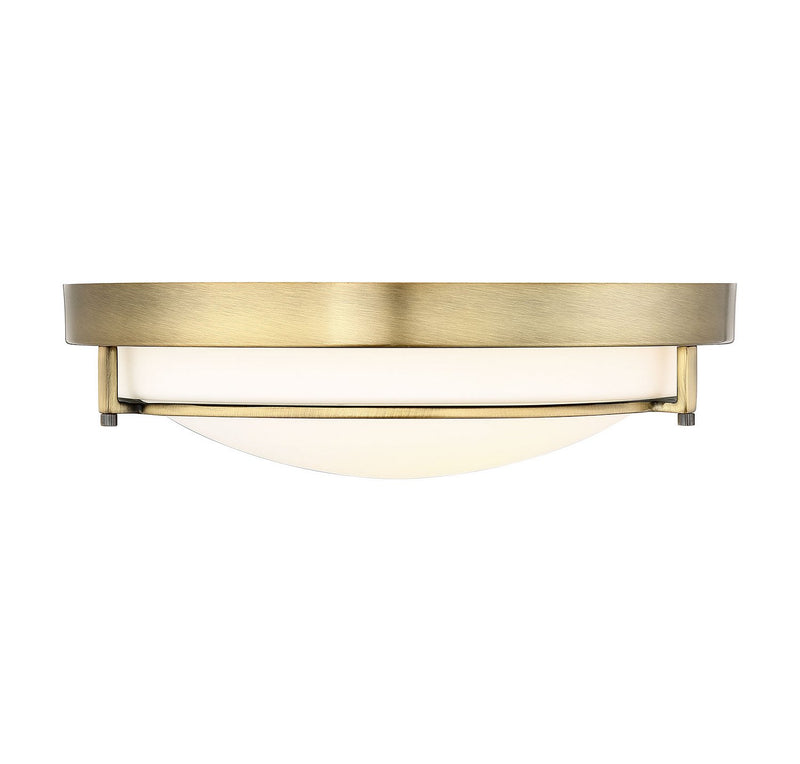 Slim White Glass Drum 13" 2-Light Flush Mount in Natural Brass