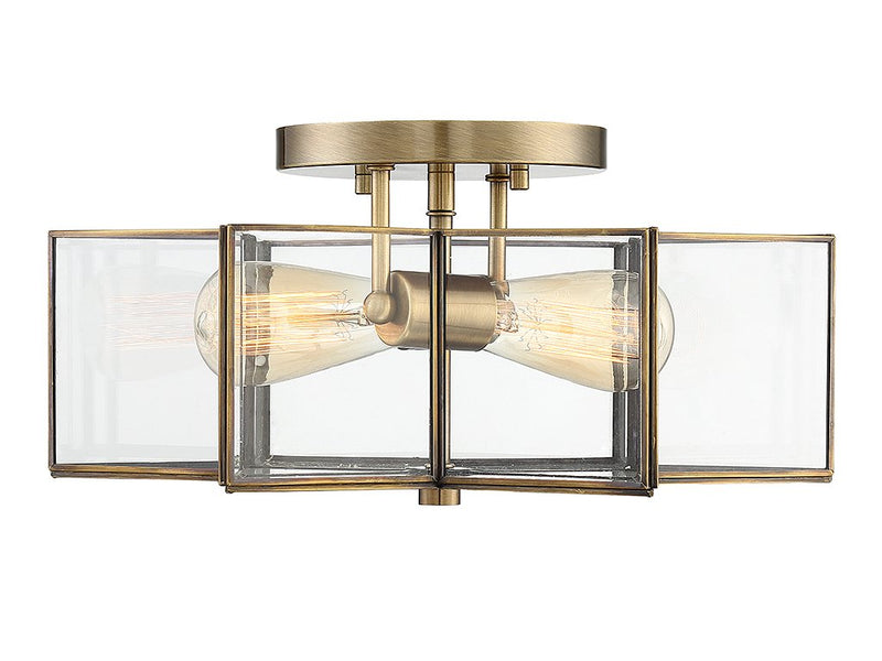 Geometric Clear Glass 16" 2-Light Semi-Flush Mount in Natural Brass