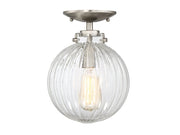 Clear Ribbed Globe 1-Light Semi-Flush Mount in Brushed Nickel