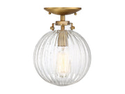 Clear Ribbed Globe 1-Light Semi-Flush Mount in Natural Brass
