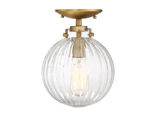 Clear Ribbed Globe 1-Light Semi-Flush Mount in Natural Brass