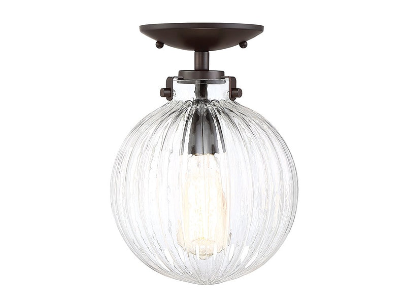 Clear Ribbed Globe 1-Light Semi-Flush Mount in Oil Rubbed Bronze