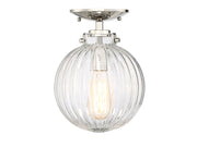 Clear Ribbed Globe 1-Light Semi-Flush Mount in Polished Nickel