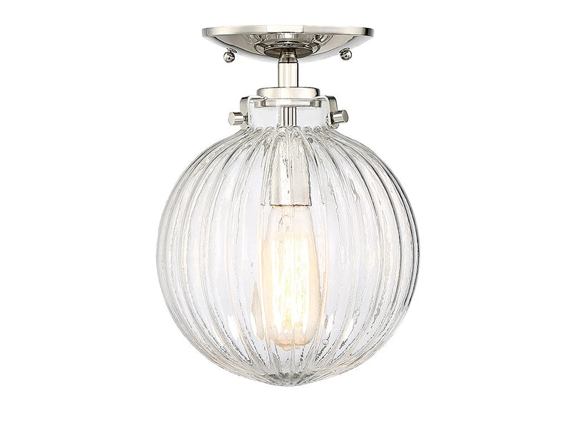 Clear Ribbed Globe 1-Light Semi-Flush Mount in Polished Nickel