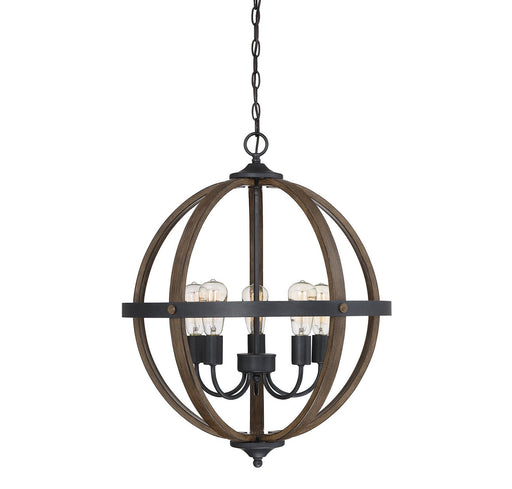 Wood Globe Cage 22" 5-Light Chandelier in Wood with Black