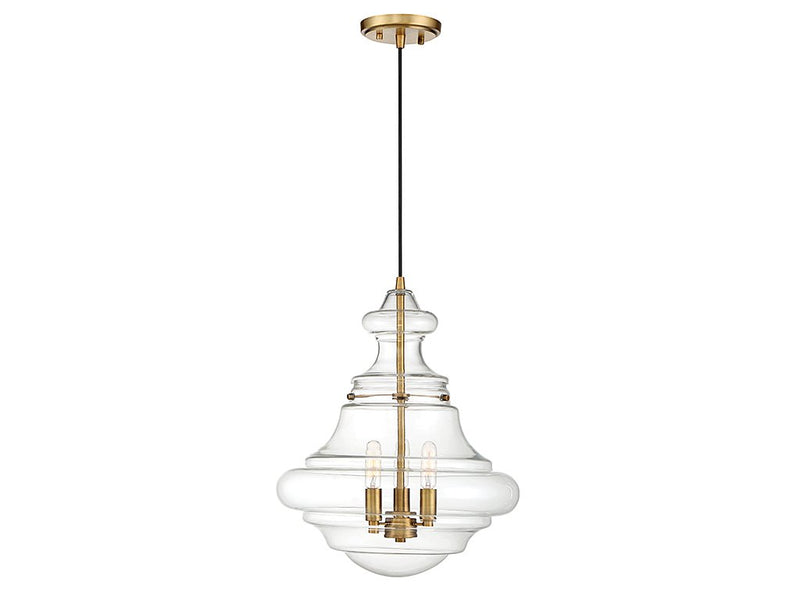 Geometric Clear Glass 15" 3-Light Pendant in Natural Brass
