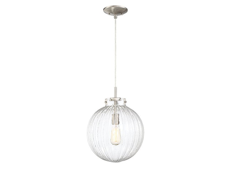 Clear Ribbed Globe 12" 1-Light Pendant in Brushed Nickel