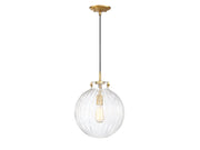 Clear Ribbed Globe 12" 1-Light Pendant in Natural Brass