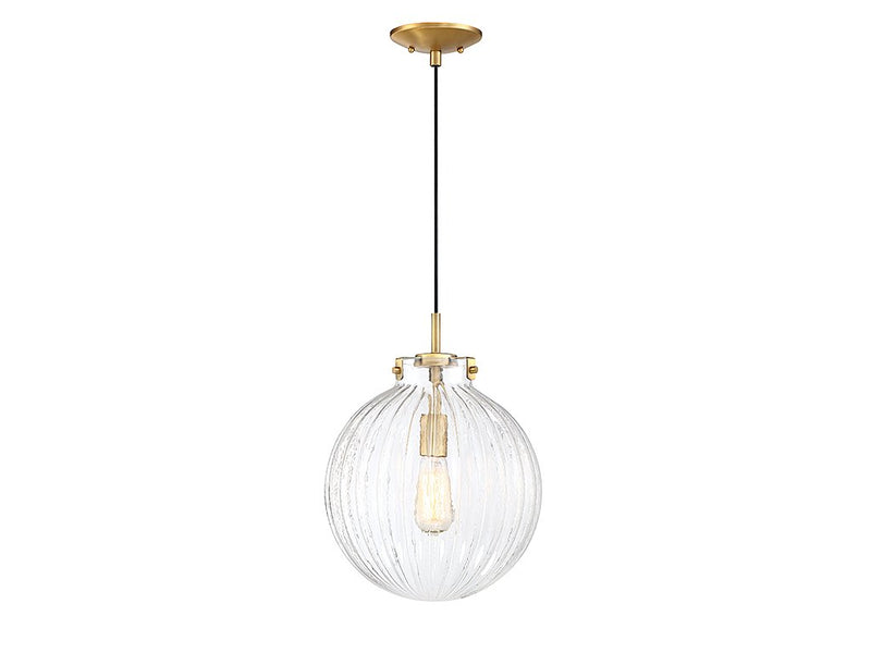 Clear Ribbed Globe 12" 1-Light Pendant in Natural Brass