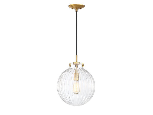 Clear Ribbed Globe 12" 1-Light Pendant in Natural Brass