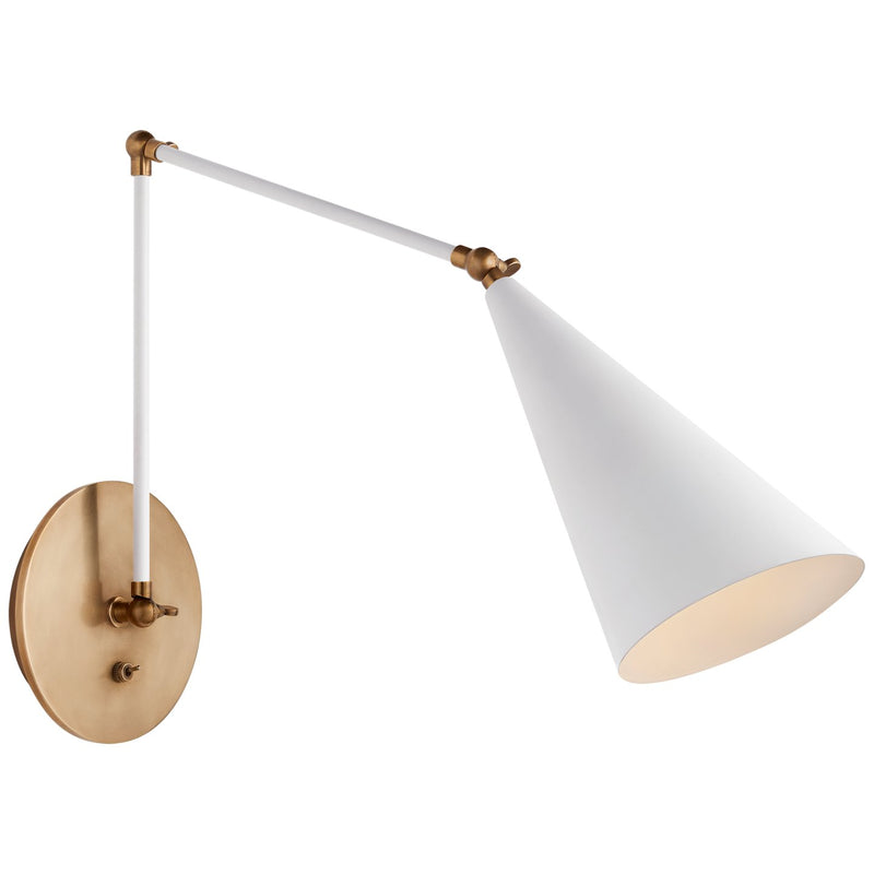 Clemente Double Arm Library Swing Arm Wall Lamp in White and Hand-Rubbed Antique Brass