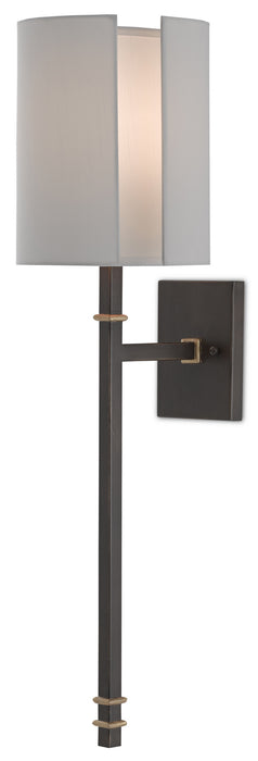 Rocher 1-Light Wall Sconce in Hand Rubbed Bronze & Contemporary Gold Leaf with Off-White Shantung Shade - Lamps Expo