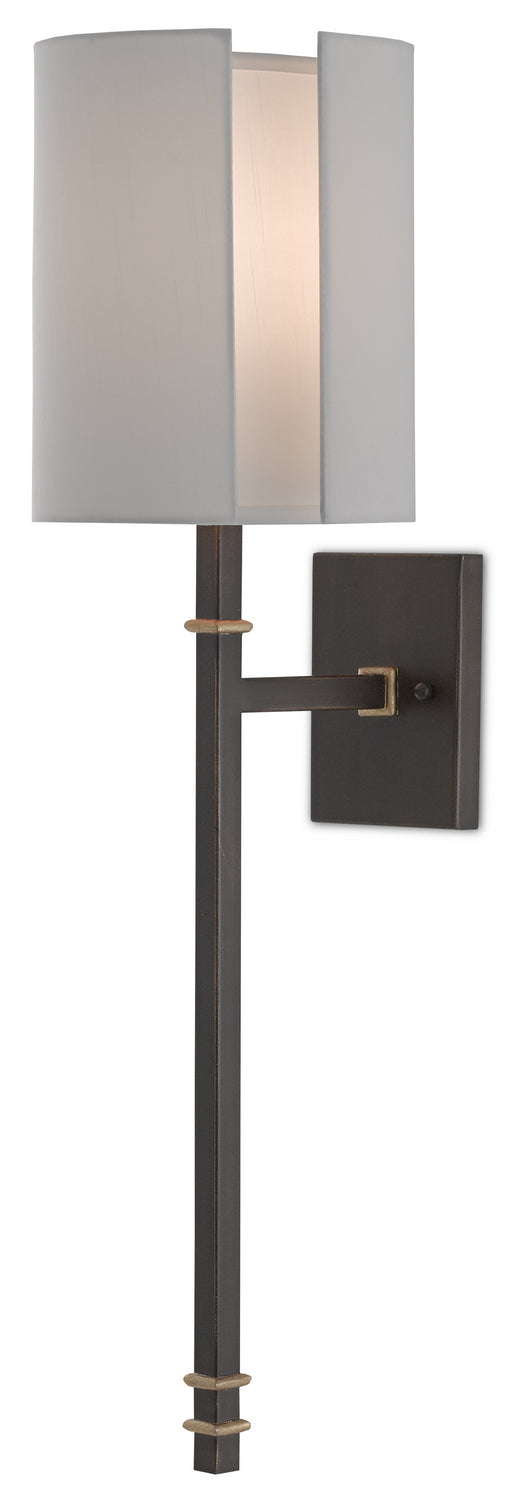 Rocher 1-Light Wall Sconce in Hand Rubbed Bronze & Contemporary Gold Leaf with Off-White Shantung Shade - Lamps Expo
