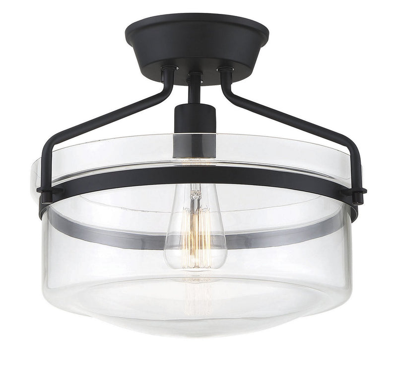 Clear Bowl Glass 1-Light Semi-Flush Mount in Matte Black