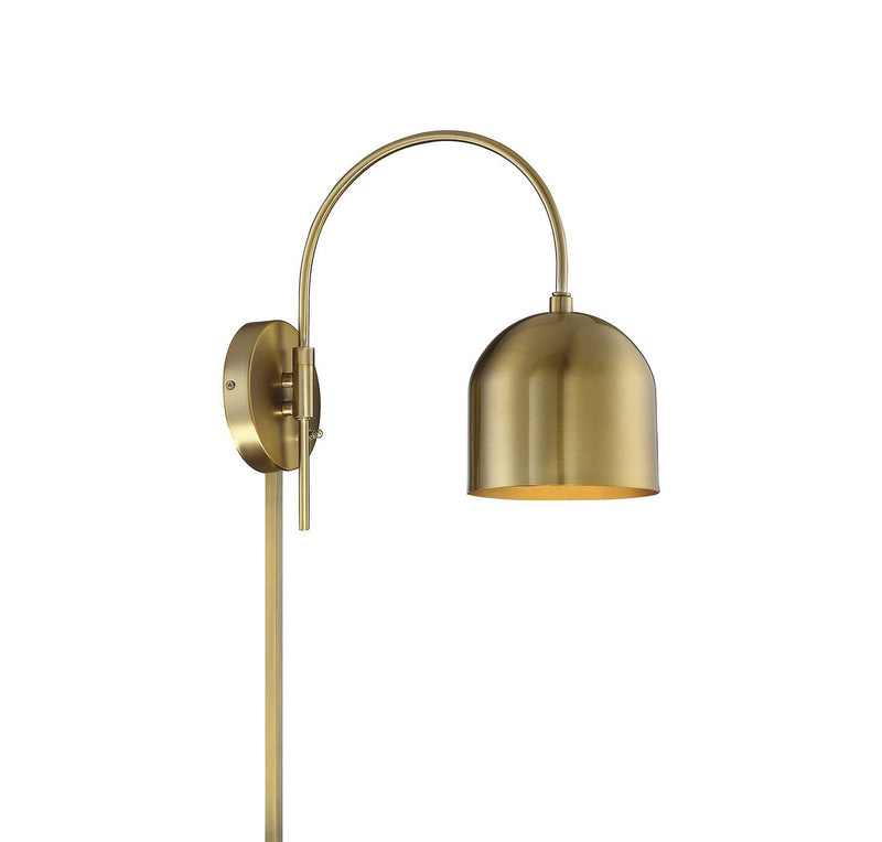 Arc Arm Metal Shade 1-Light Swing Arm Wall Lamp in Natural Brass