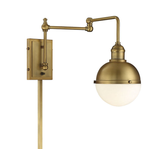 White Glass Shade 1-Light Swing Arm Wall Lamp in Natural Brass
