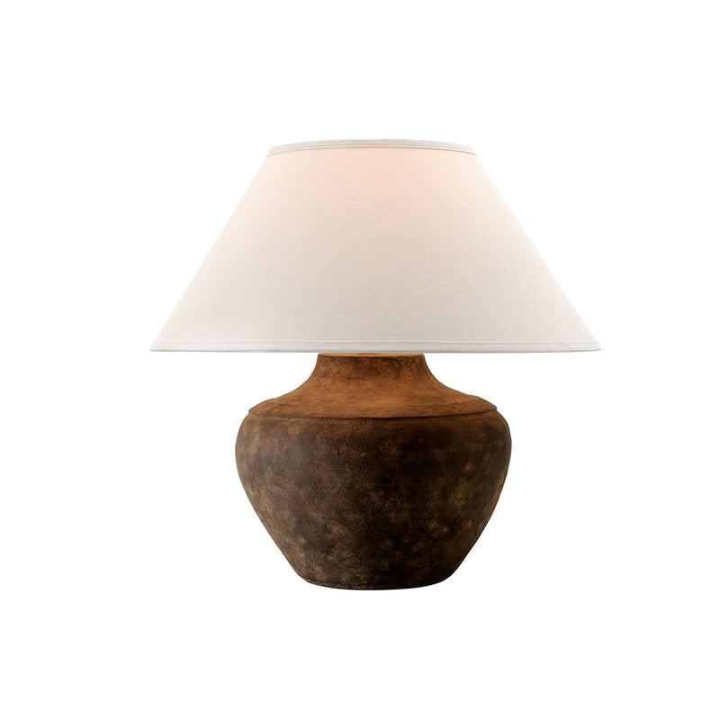 Calabria 1-Light Table Lamp in Sienna with Off-White Hardback Linen Fabric Shade