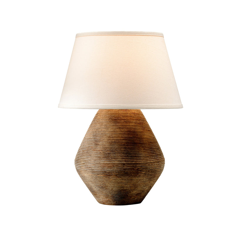 Calabria 1-Light Table Lamp in Rustco with Off-White Hardback Linen Fabric Shade