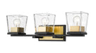 Bleeker Street 3 Light Vanity in Matte Black & Olde Brass with Clear Glass Shade