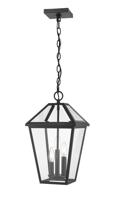 Talbot 3 Light Outdoor Chain Mount Ceiling Fixture in Black with Clear Beveled Glass Shade