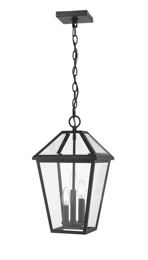 Talbot 3 Light Outdoor Chain Mount Ceiling Fixture in Black with Clear Beveled Glass Shade