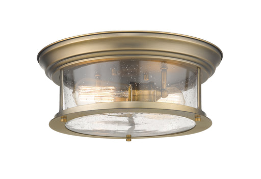 Sonna 2 Light Flush Mount in Heritage Brass with Clear Seedy Glass Shade