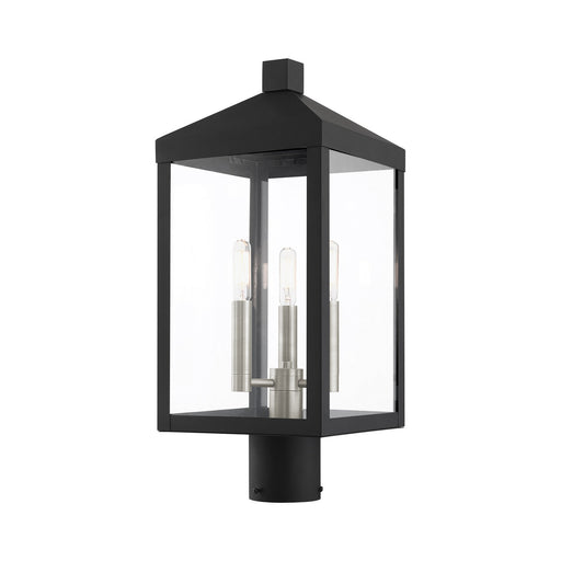 Nyack Three Light Outdoor Post Top Lantern in Black with Brushed Nickel Cluster