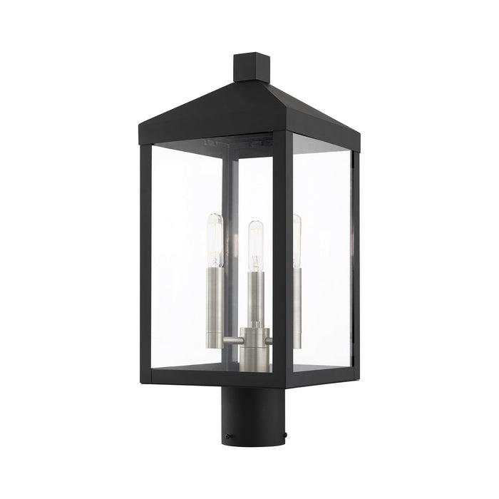 Nyack Three Light Outdoor Post Top Lantern in Black with Brushed Nickel Cluster