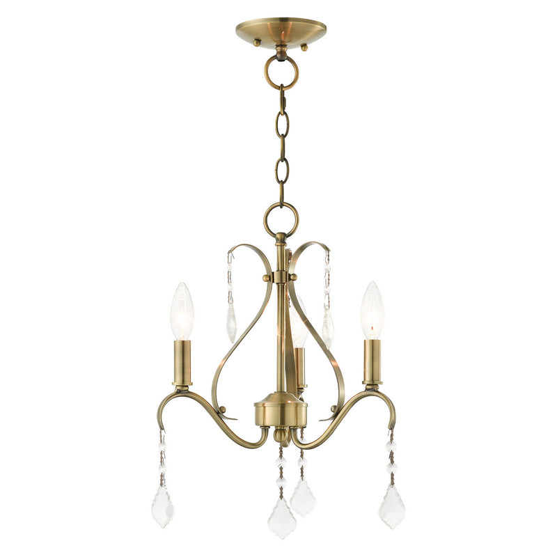 Caterina Three Light Chandelier in Antique Brass with Clear Crystals