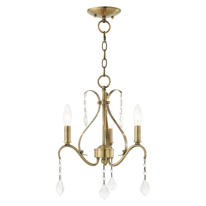 Caterina Three Light Chandelier in Antique Brass with Clear Crystals