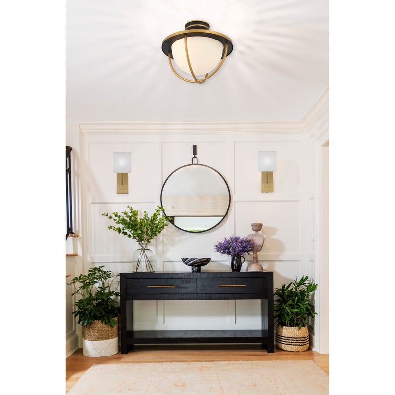 Atlas 2 Light 13.5" Outdoor Semi Flush Mount in Matte Black + Textured Gold in a room setting