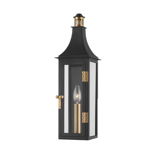 Wes Outdoor Wall Lantern in Patina Brass / Texture Black