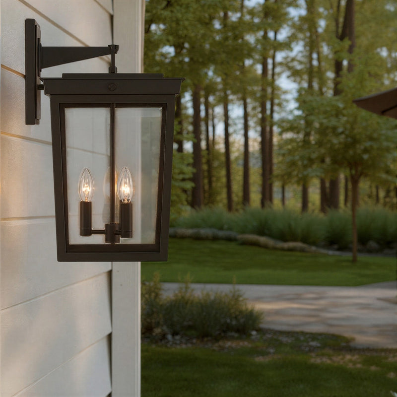 Belmont 3 Light 12" Outdoor Sconce in Twilight Bronze in a room setting