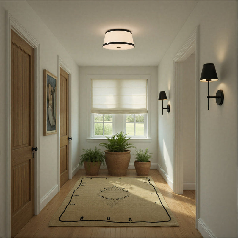 Callahan 3 Light 17" Flush Mount in Polished Nickel in a room setting