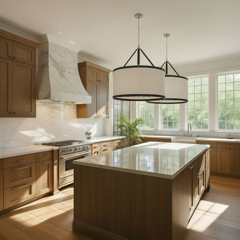 Callahan 8 Light 28" Pendant in Polished Nickel in a room setting
