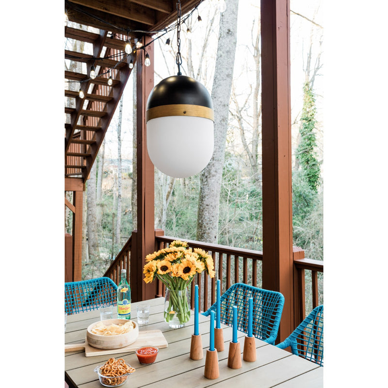 Capsule 1 Light 8" Outdoor Pendant in Matte Black + Textured Gold in a room setting