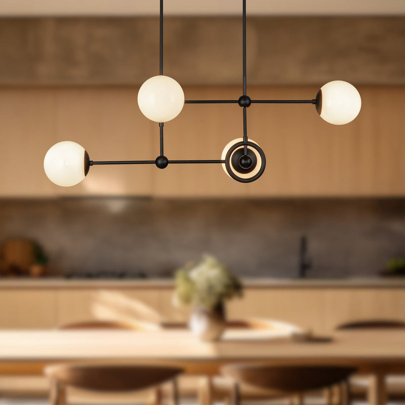 Fiore 42" 4-Light Linear Chandelier in Matte Black/Glossy Opal Glass