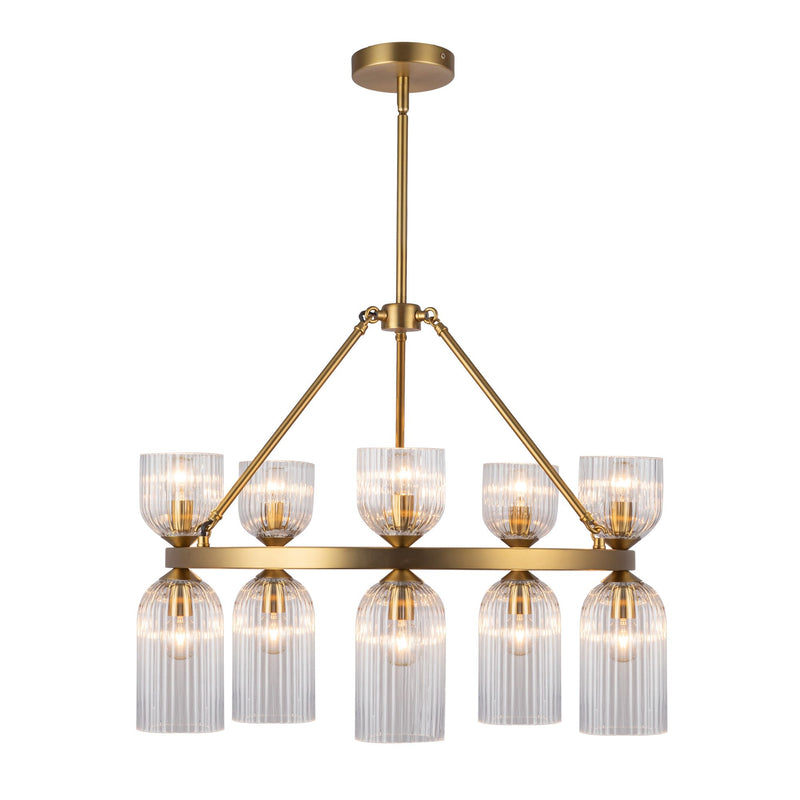 Nelly 26" 10-Light Pendant in Brushed Gold/Clear Ribbed Glass