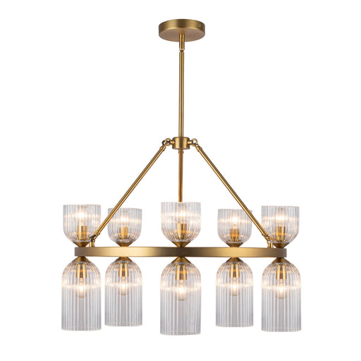 Nelly 26" 10-Light Pendant in Brushed Gold/Clear Ribbed Glass