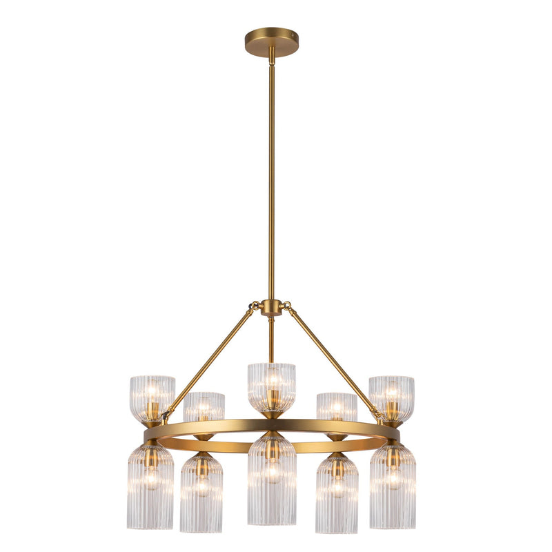 Nelly 26" 10-Light Pendant in Brushed Gold/Clear Ribbed Glass