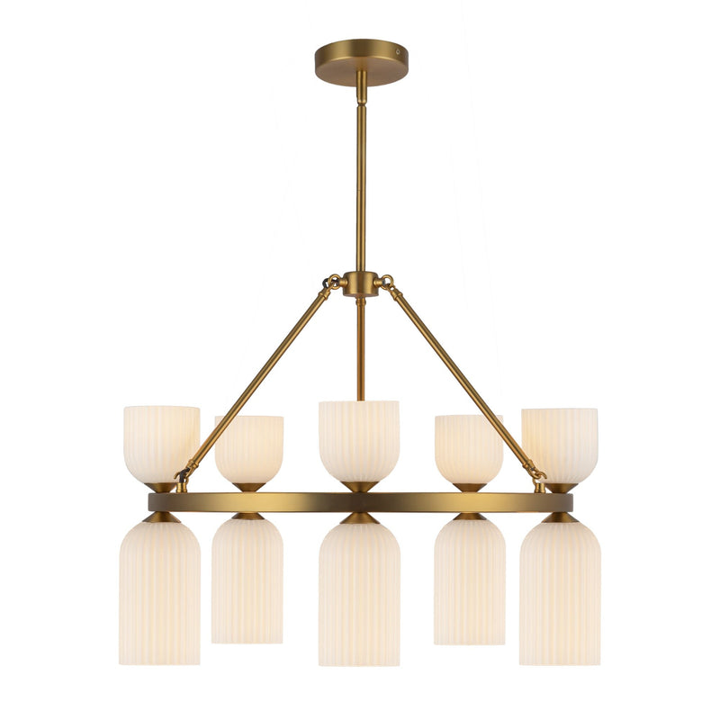 Nelly 26" 10-Light Pendant in Brushed Gold/Glossy Ribbed Opal Glass