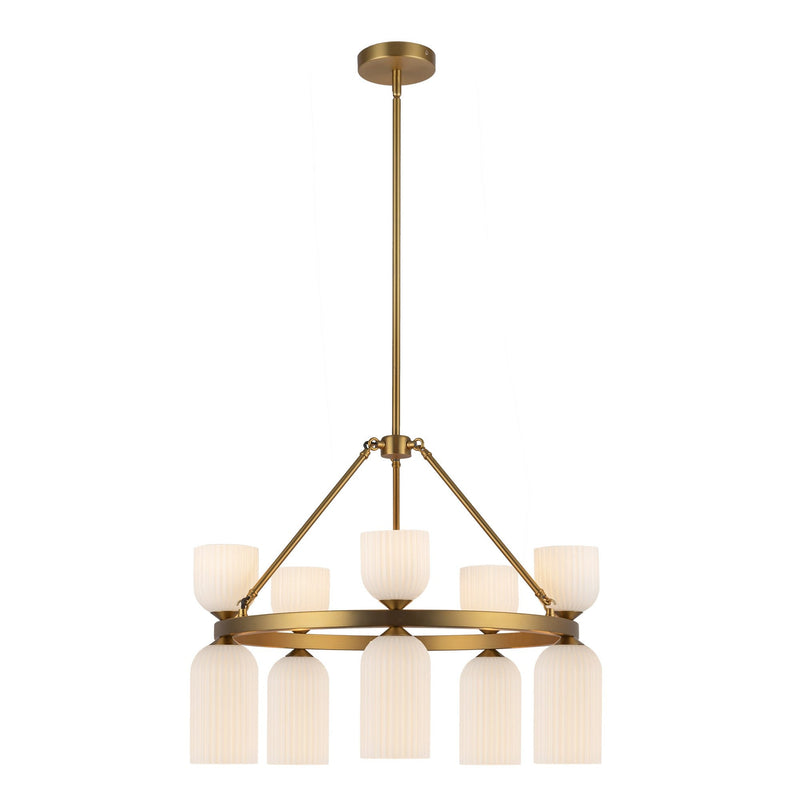 Nelly 26" 10-Light Pendant in Brushed Gold/Glossy Ribbed Opal Glass