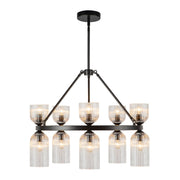 Nelly 26" 10-Light Pendant in Matte Black/Clear Ribbed Glass