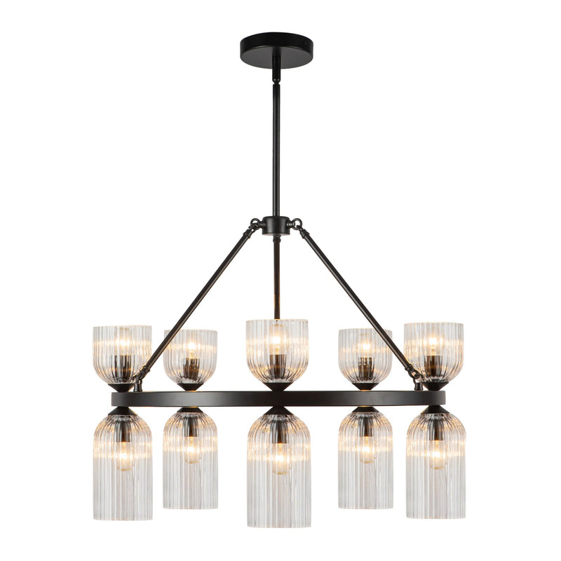 Nelly 26" 10-Light Pendant in Matte Black/Clear Ribbed Glass