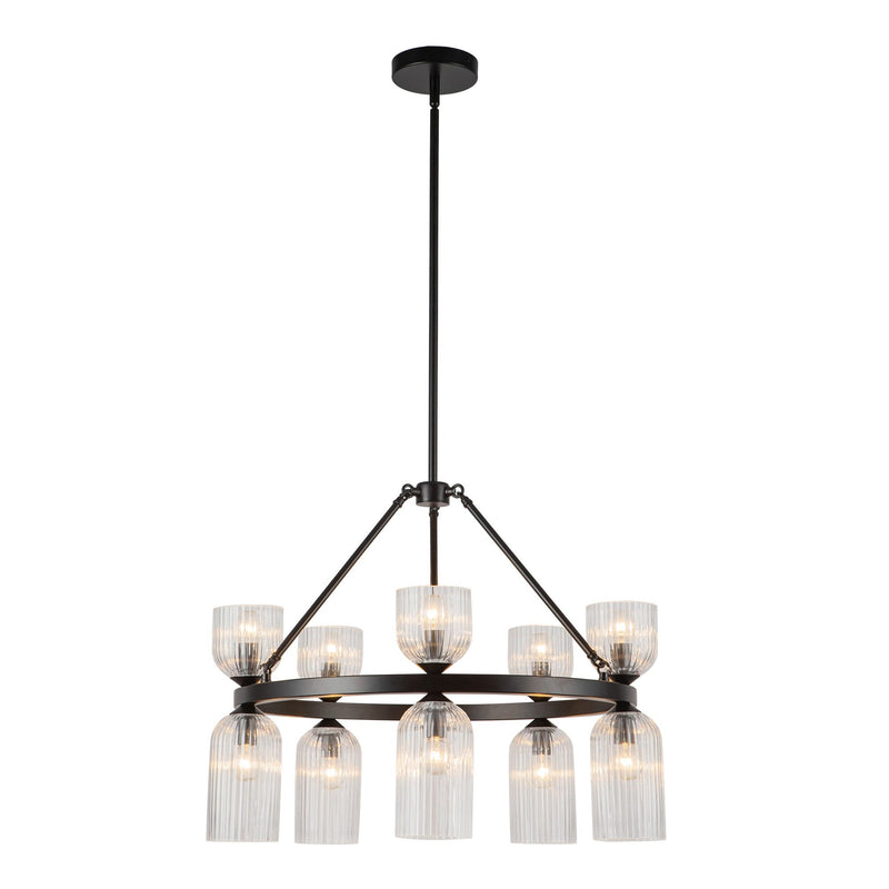 Nelly 26" 10-Light Pendant in Matte Black/Clear Ribbed Glass