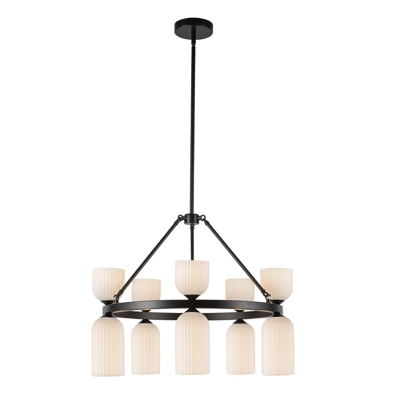 Nelly 26" 10-Light Pendant in Matte Black/Glossy Ribbed Opal Glass