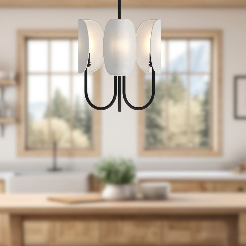 Seno 15" 3-Light Chandelier in Matte Black/White Cotton Fabric