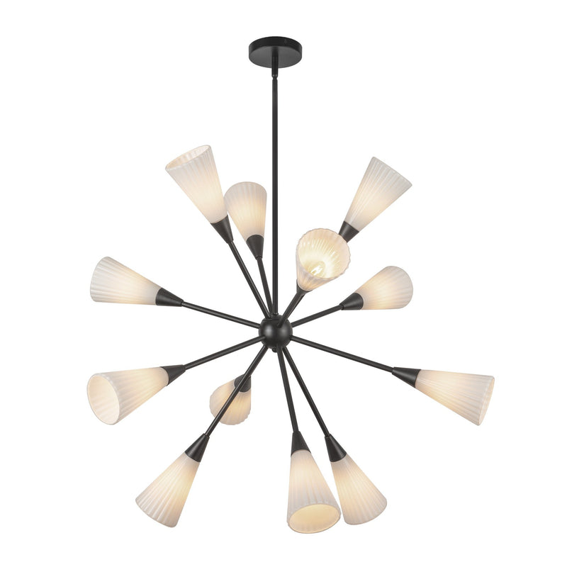 Cosmo 39" 12-Light Chandelier in Matte Black/Glossy Ribbed Opal Glass