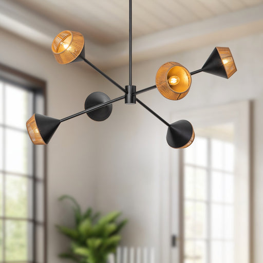 Daphne 38" 6-Light Chandelier in Matte Black/Brown Cotton Rope